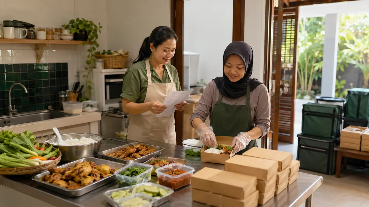Pemilik catering rumahan menyiapkan dan mengemas pesanan nasi box