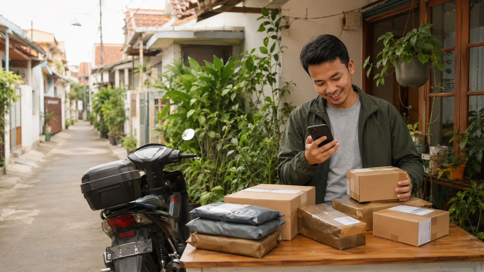 Pemilik usaha kurir rumahan menyiapkan paket di dalam gang