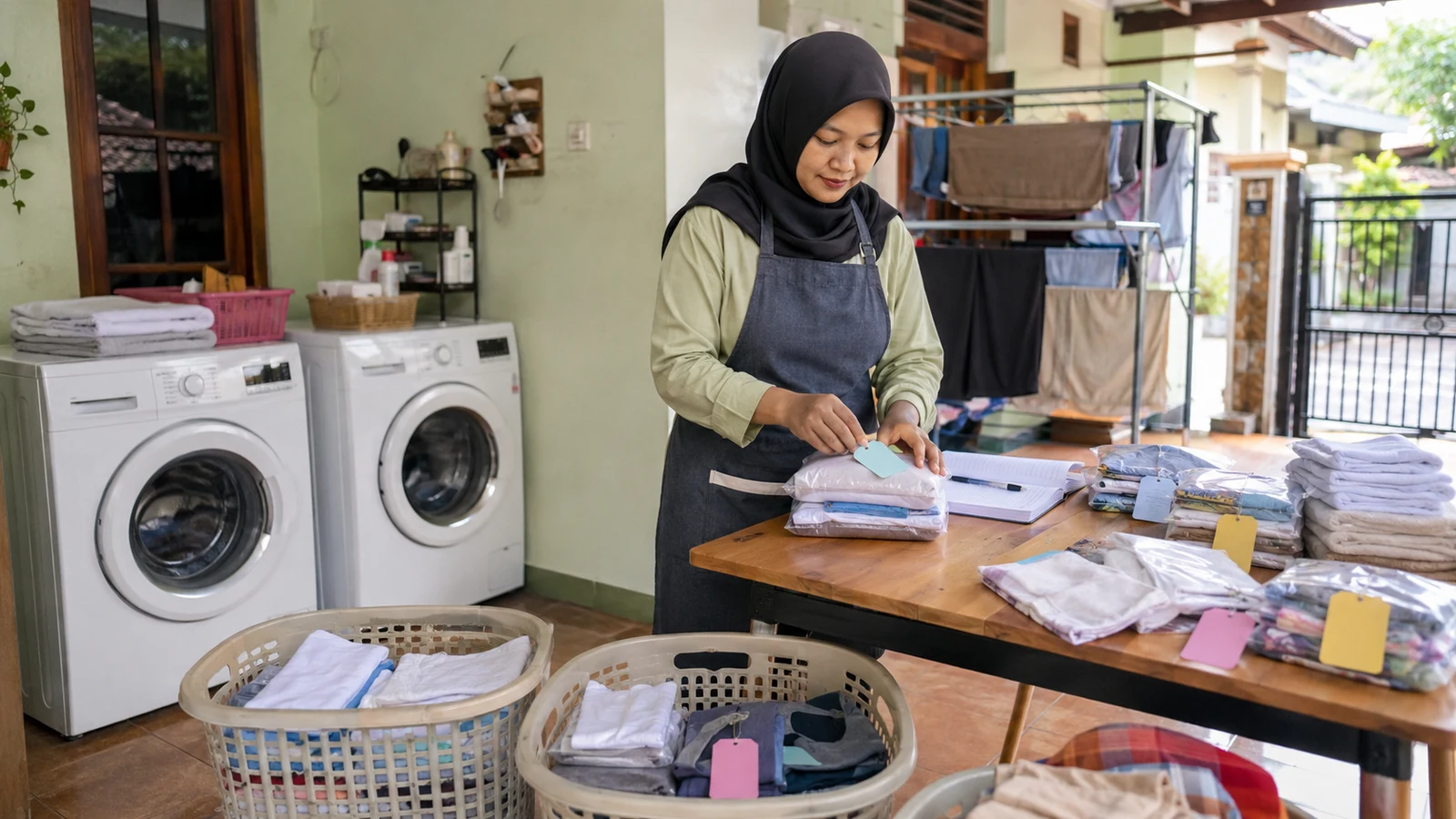 Pemilik laundry rumahan memberi label pada cucian pelanggan di ruang kerja yang rapi