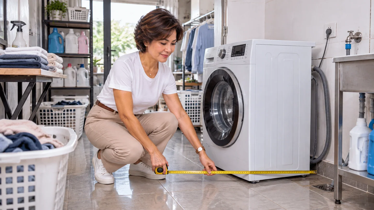 Pemilik usaha mengukur ruang di depan mesin cuci dengan meteran sebelum menyiapkan instalasi laundry