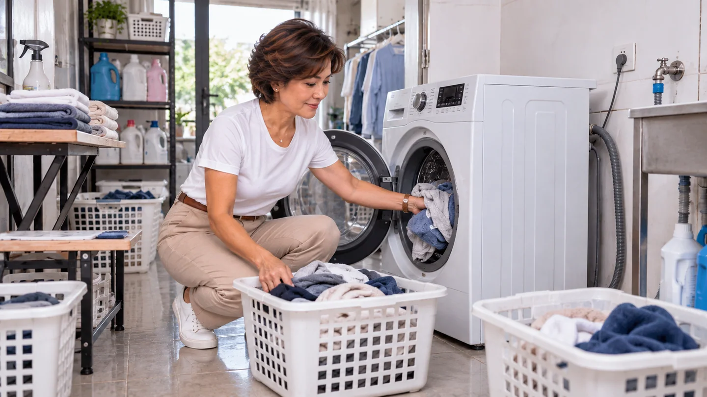 Pemilik laundry memasukkan cucian pakaian ke dalam mesin cuci front load